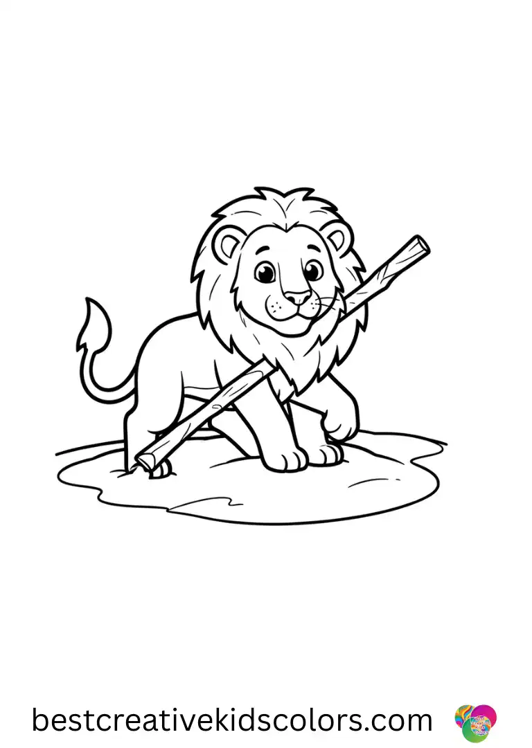 Fine lines show a lion dragging a long stick across sandy ground in Lion coloring pages for adults.
