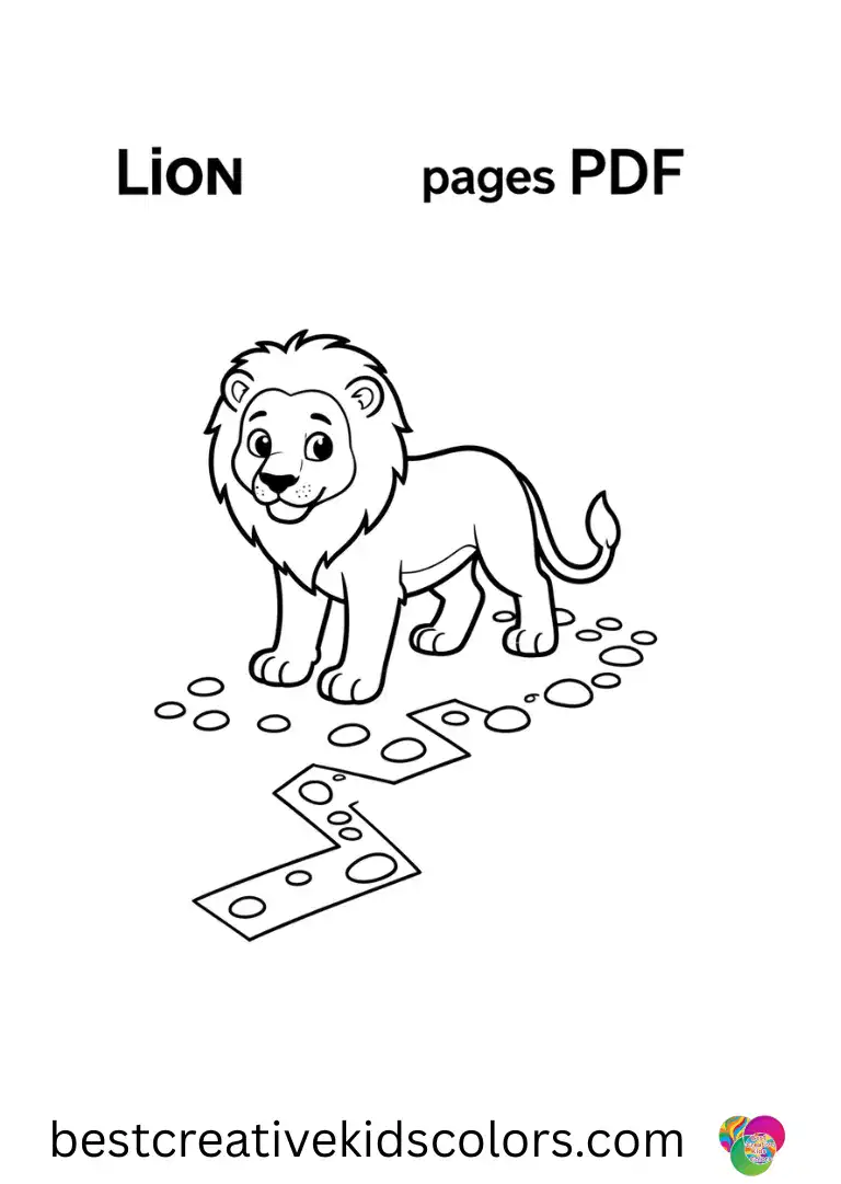 Lion colouring pages PDF include a lion pacing a zigzag trail marked by scattered pebbles.