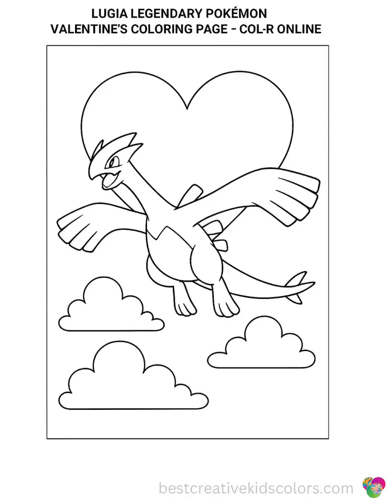  Lugia glides gracefully through fluffy clouds shaped like a giant heart.