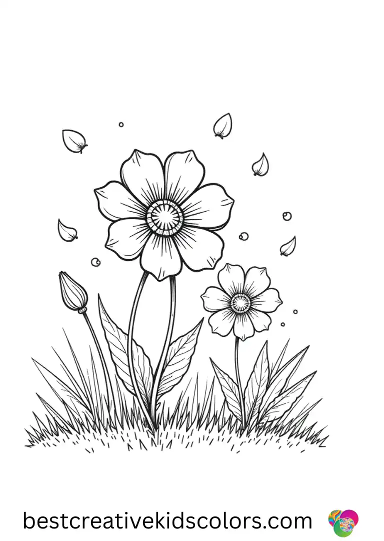 Soft petals scatter in the wind across a patch of grass in March blooms flower coloring page easy.