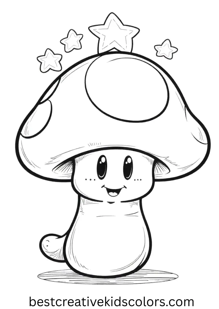 Mario mushroom coloring page free features a classic smiling mushroom with stars above.