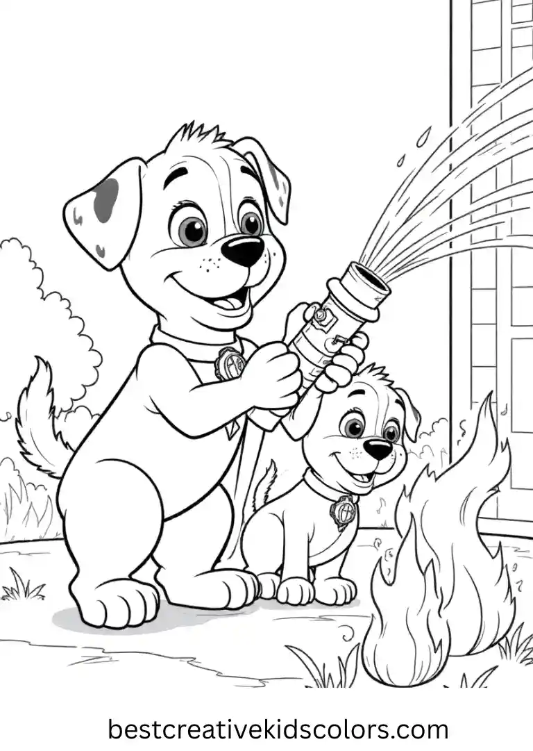 Marshall practices using his hose to put out small fires safely with the pups.
