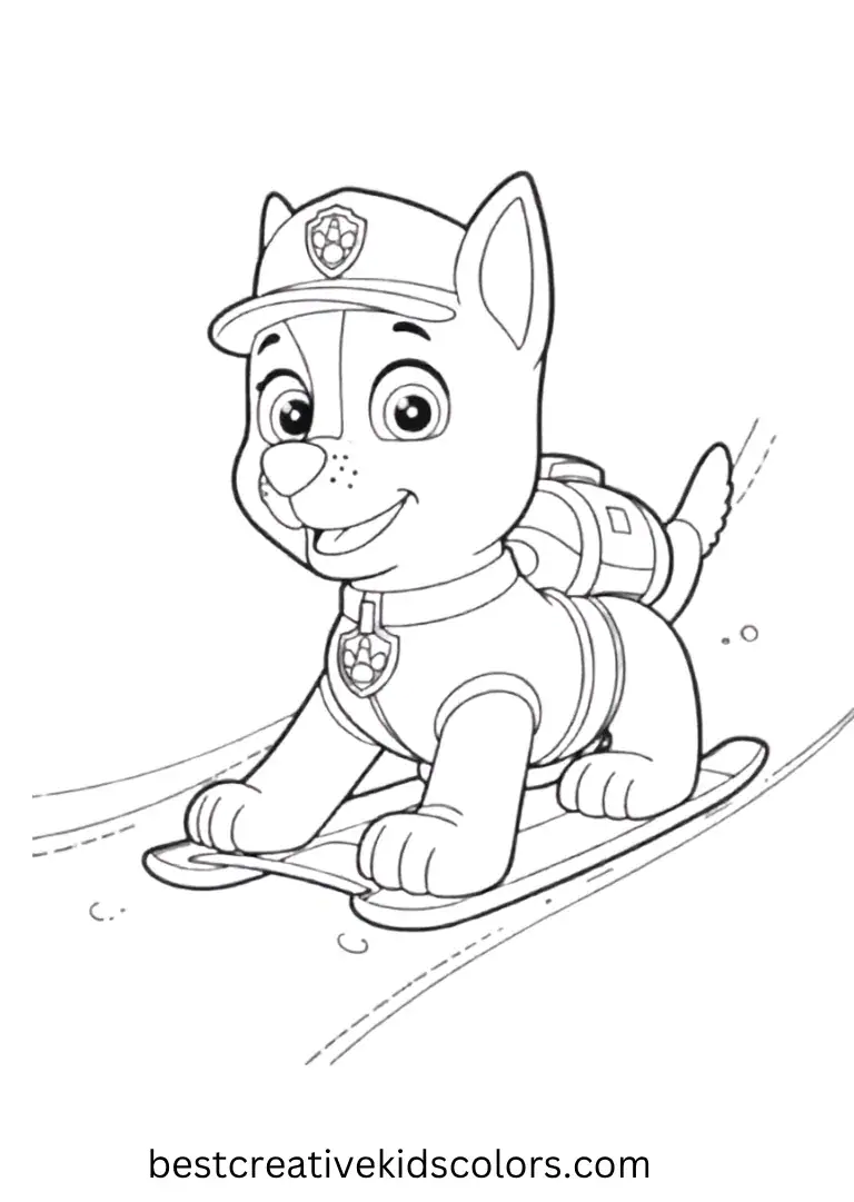 Paw Patrol Coloring Activity shows sledding down a snowy hill. This paw patrol coloring activity is fun to color and enjoy as a paw patrol coloring activity!