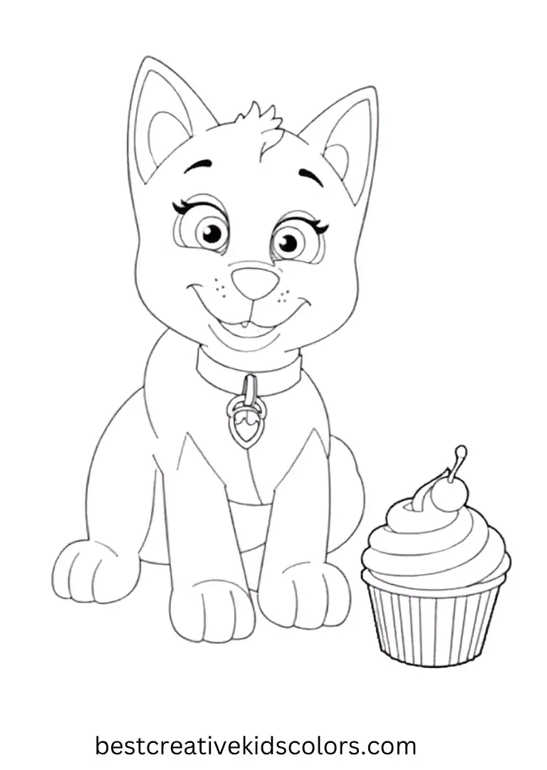 Paw Patrol Coloring Page shows decorating cupcakes for a party. This paw patrol coloring page is fun to color and enjoy as a paw patrol coloring page!