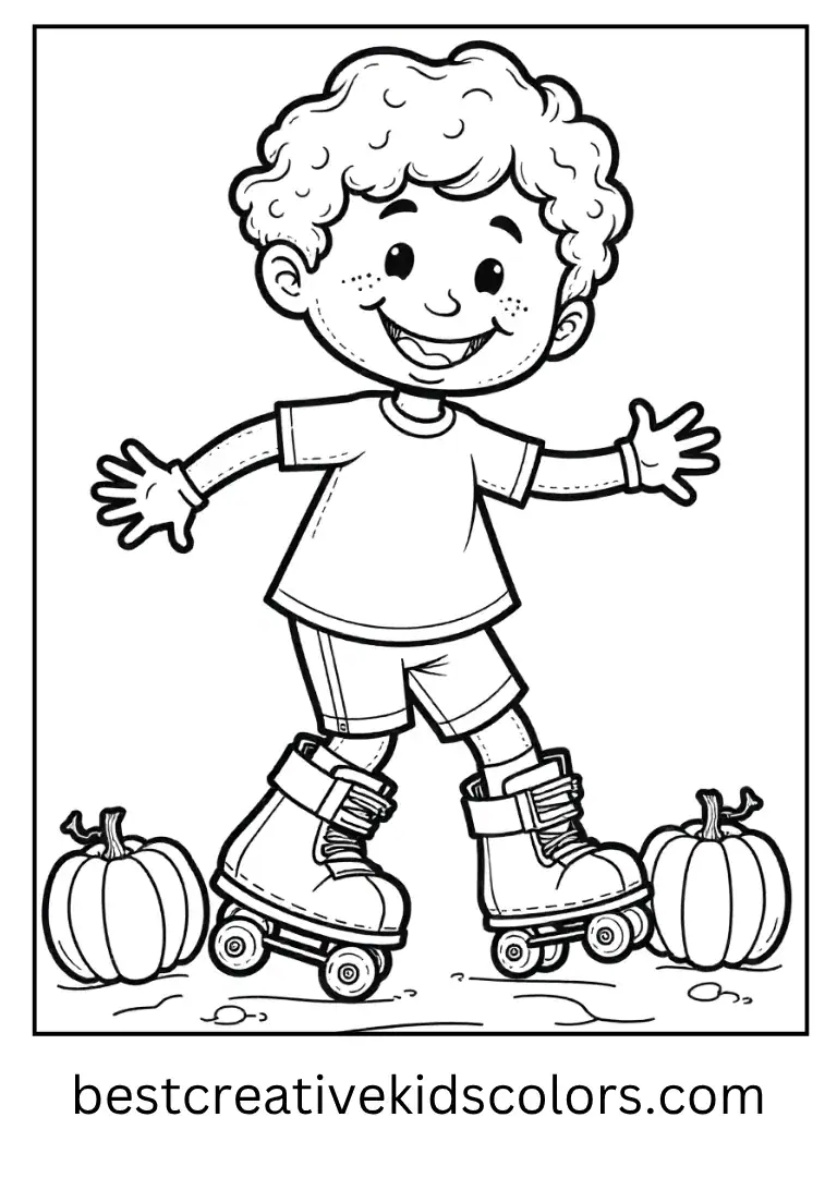 Max skates past pumpkins with a big smile.