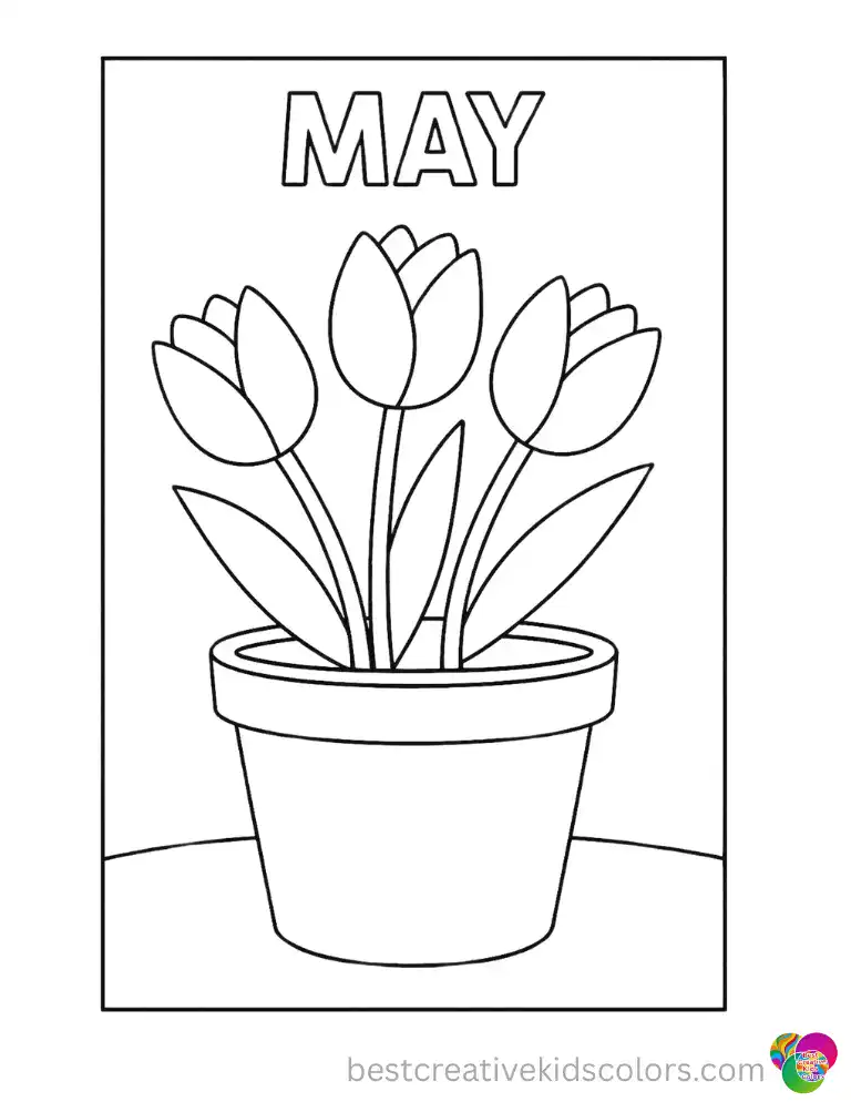 May Coloring Page Featuring Blooming Tulips