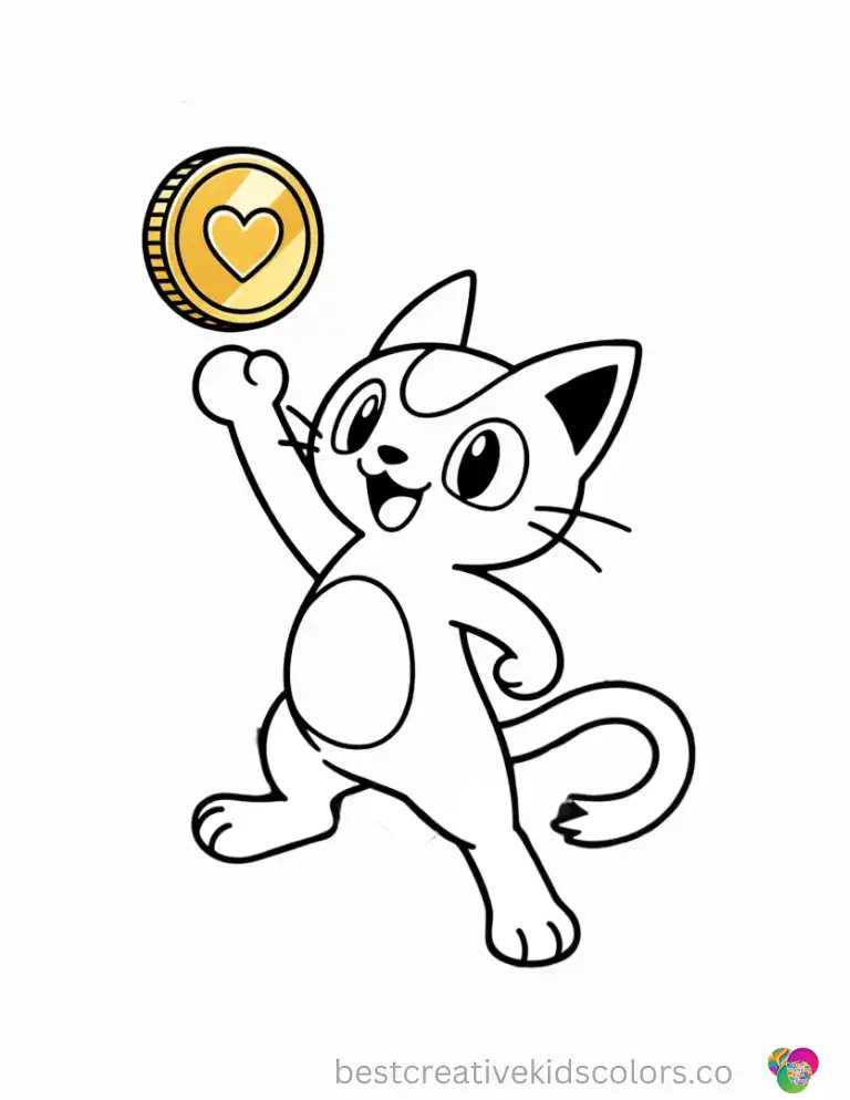 Meowth flips a shiny gold coin with a heart engraved on it high into the air.