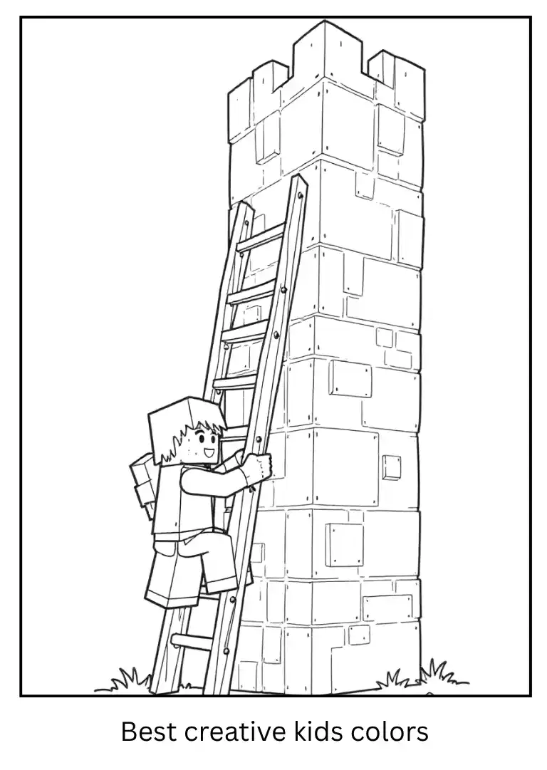 Minecraft Coloring Sheet – Steve Climbs a Tall Tower