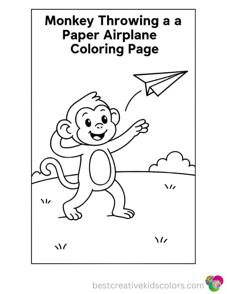 A small monkey throws a folded paper airplane across an open grassy field.