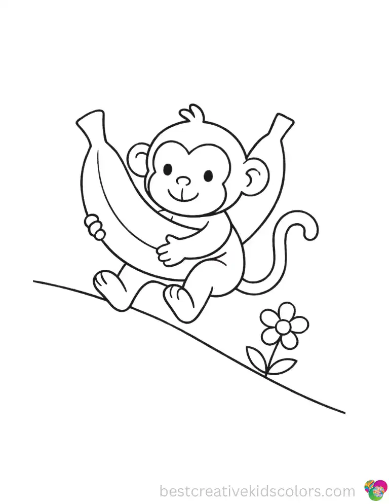 Monkey holding a giant banana coloring pages free download shows a monkey sliding down a gentle slope with a flower