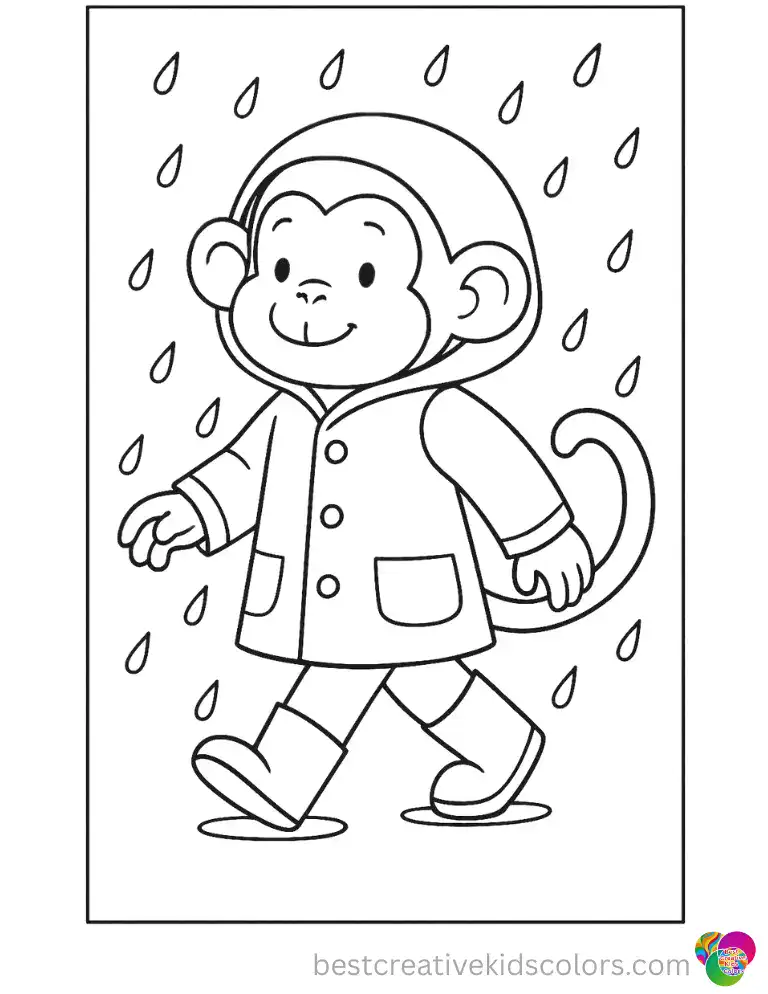 A young monkey wears a waterproof yellow raincoat while walking through gentle rain.