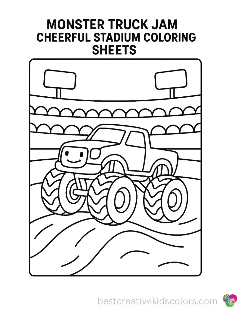 A colorful truck moves across a stadium track. Soft shapes make coloring easy.