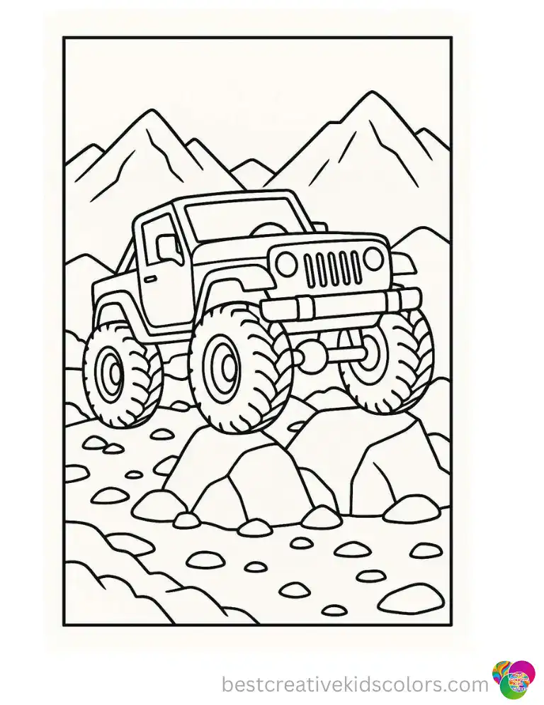 A small jeep-style truck climbs rocks carefully. Open outlines make coloring simple.
