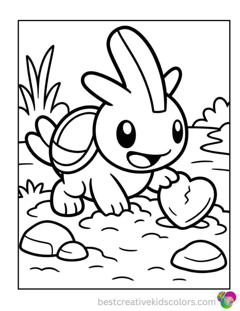 Mudkip digs happily in the soft river mud and uncovers a heart-shaped pebble.