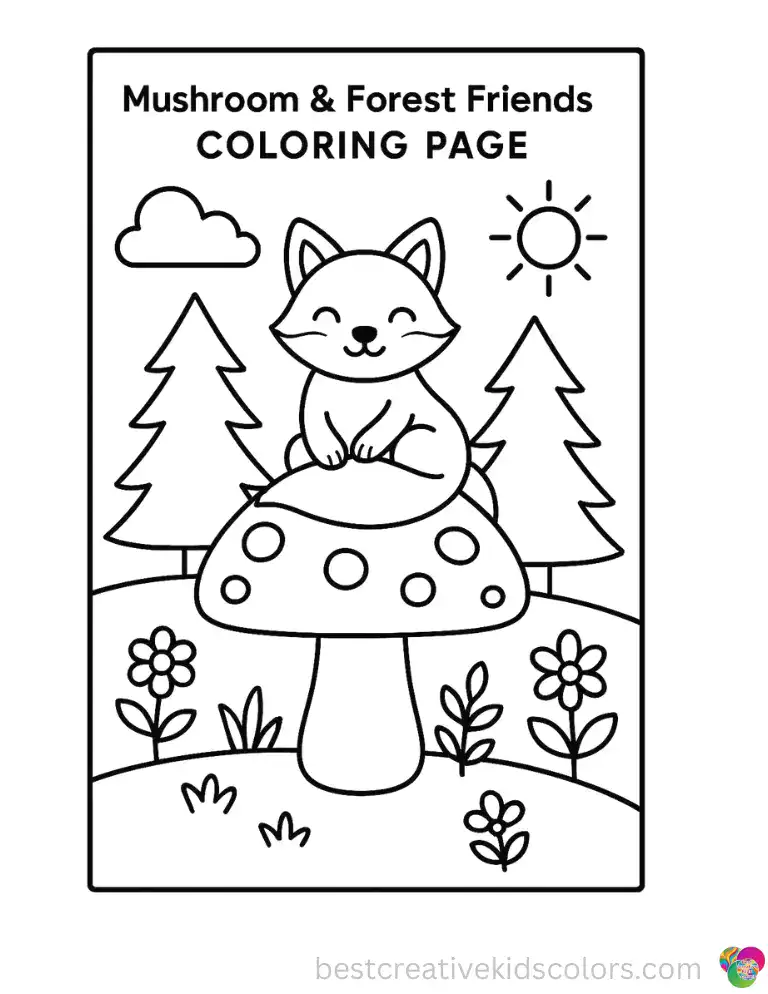 Mushroom & Forest Friends Coloring Page shows a woodland animal resting on a cozy toadstool seat.