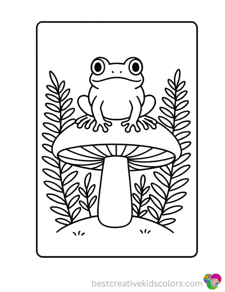 Perched on the flat top of a large mushroom cap, a round-eyed frog sits ready to hop into the surrounding ferns.