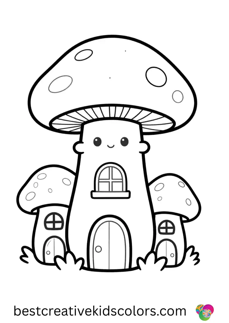 Mushroom city coloring page easy shows a simple mushroom city under bright sunlight.