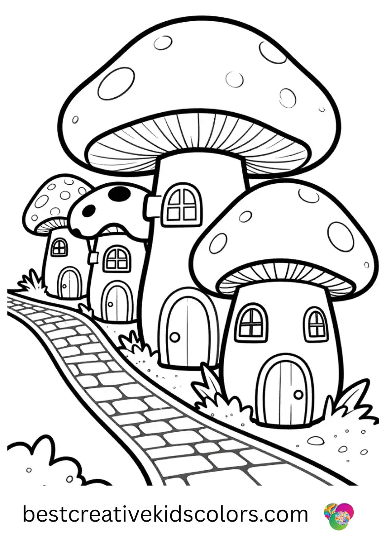 Mushroom city coloring page free shows mushroom homes along winding streets.