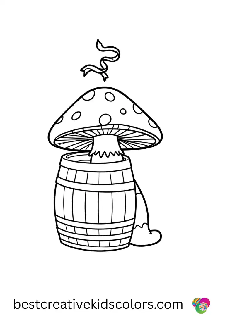 Mushroom drawing with colour depicts a mushroom with a tiny floating ribbon swirling above.
