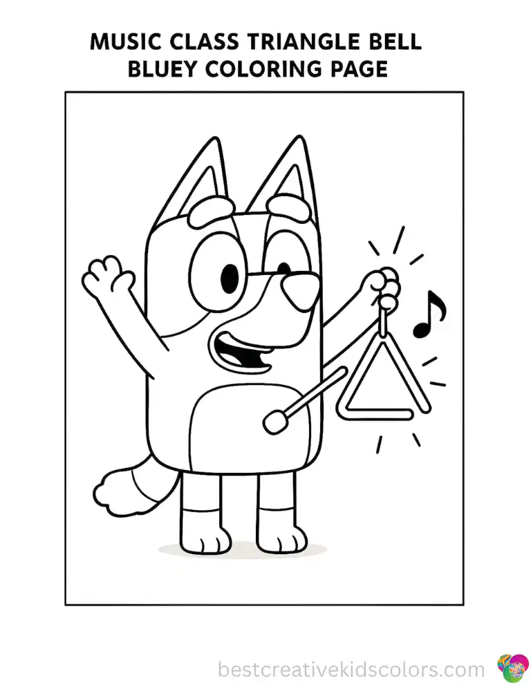 Arms raised, Bluey strikes the triangle and a clear bright note rings out across the whole music room.