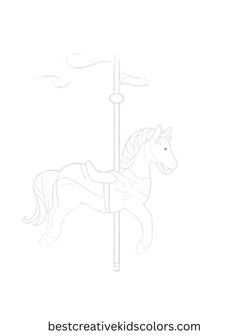 A pony rides a carousel with ribbons swirling around!