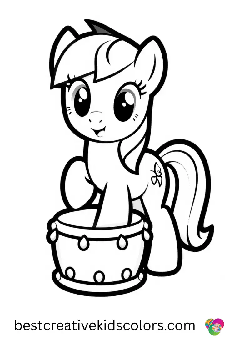 A pony taps a soft drum with one hoof in My Little Pony Edible Cake Topper on a clean page.