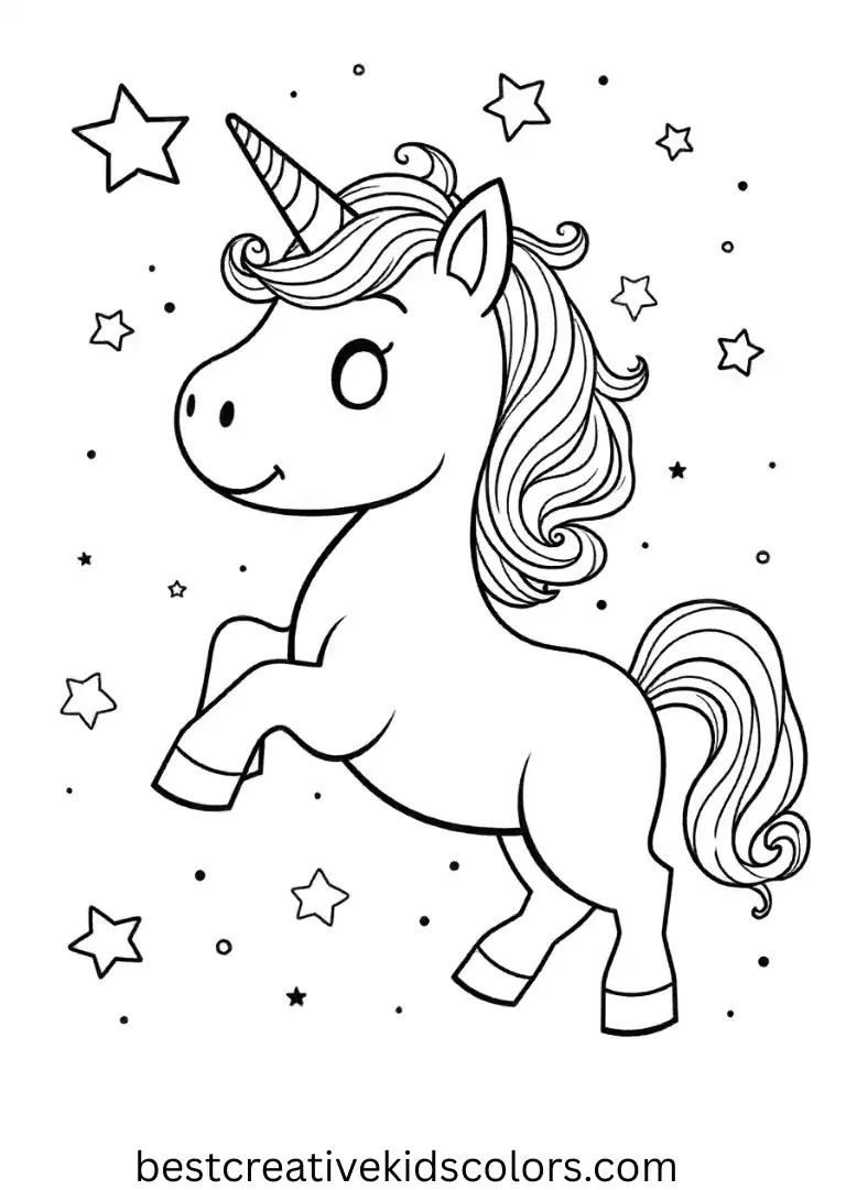 A unicorn plays with sparkling stars swirling around!