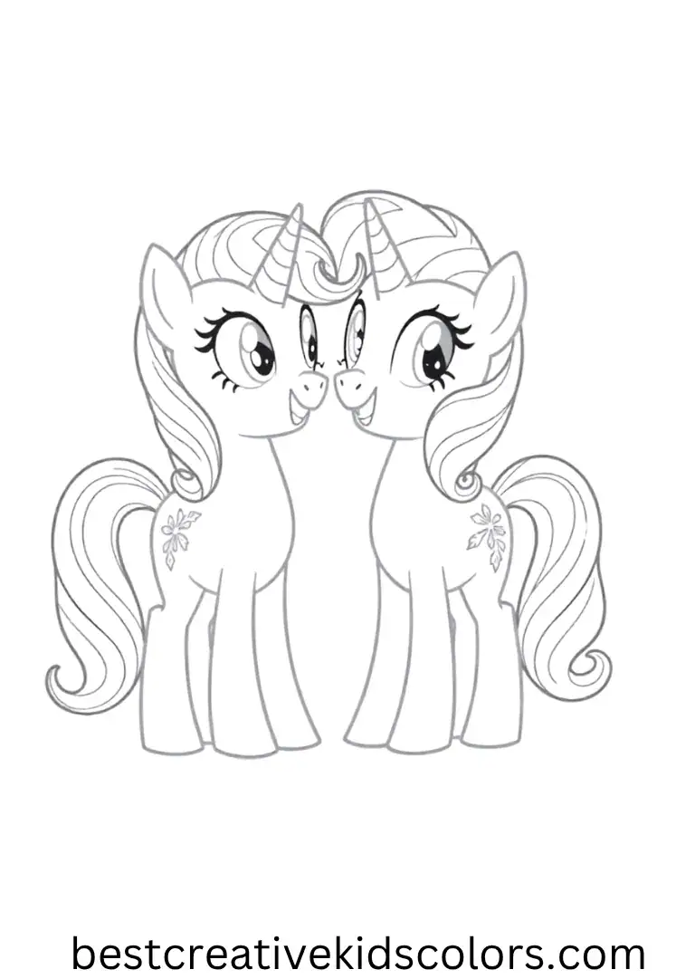 Two ponies stand side-by-side sharing a fun moment together!