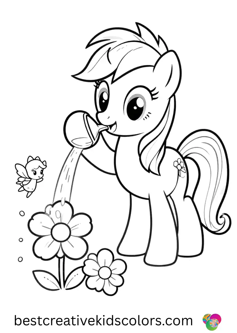 My Little Pony Sunny waters sparkling flowers in a magical garden with tiny fairies.