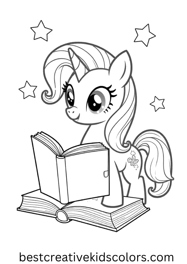 Twilight Sparkle studies magic books surrounded by stars and learning fun!
