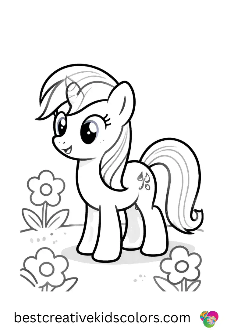 My Little Pony drawing for kids shows a pony painting happy flowers in a sunny field.