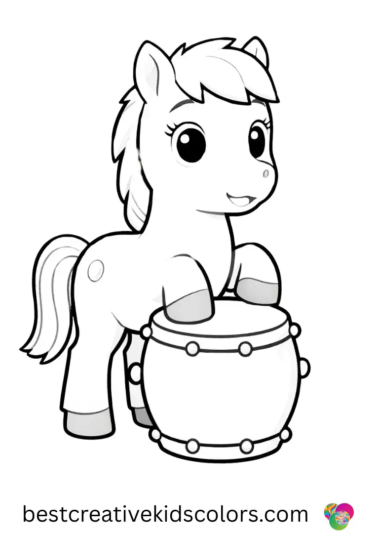 A pony hums beside a paper drum in My little pony coloring pages printable animals.