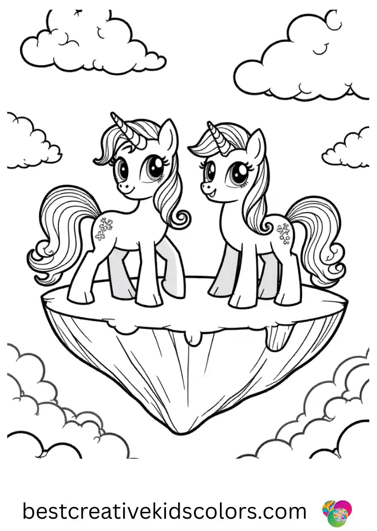 Ponies explore a floating island with bouncing clouds in My little pony coloring vip unlocked.