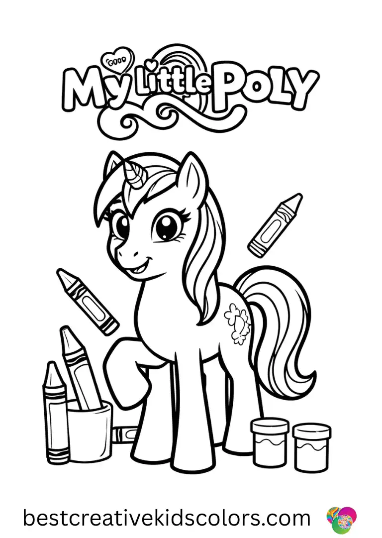 A cheerful pony mixes crayons and paints in My little pony drawing with color for kids.