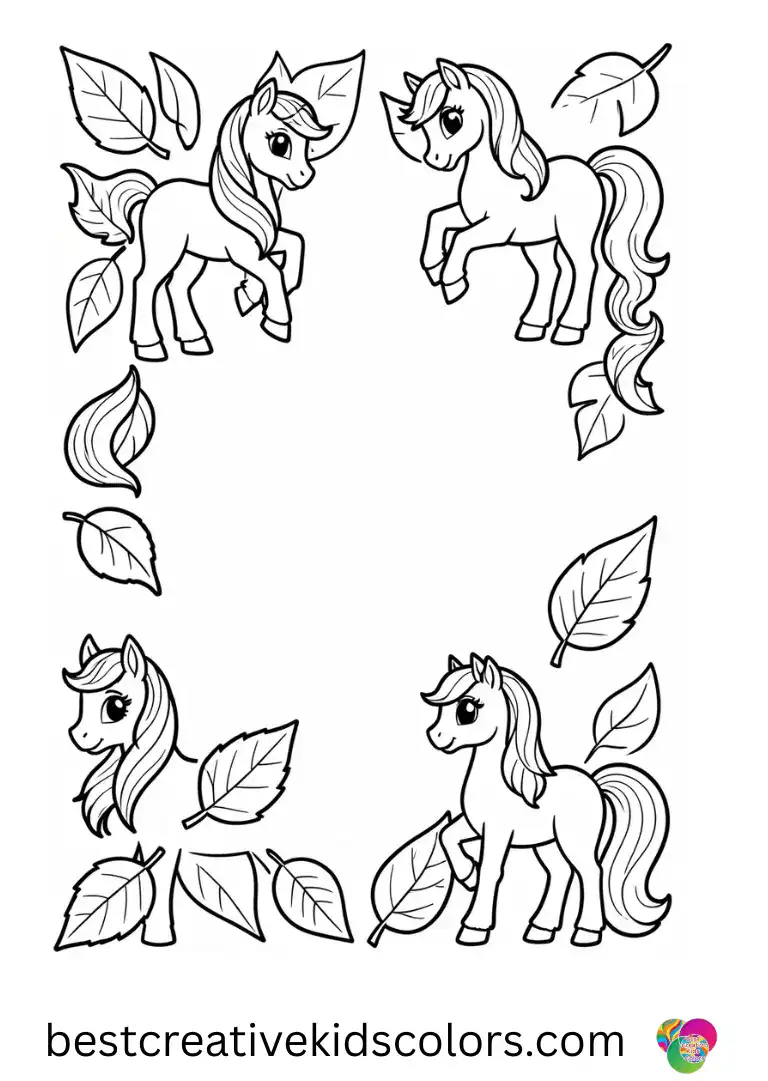 Ponies paint leaves and shapes together in My little pony drawing with color pdf.