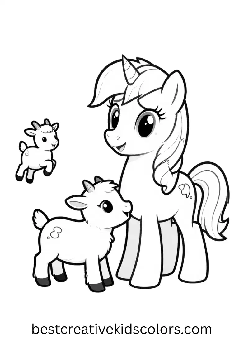 My little pony printable coloring pages animals shows a pony playing with bouncing baby goats.