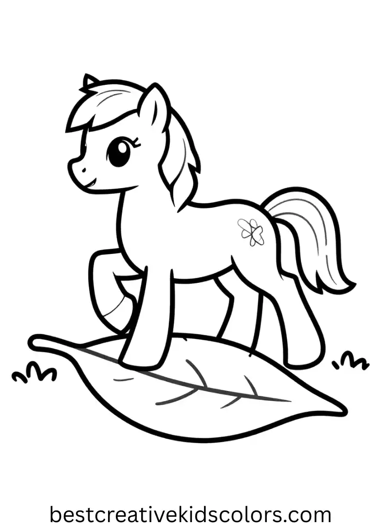 A pony rides a flying leaf across a bright meadow in My little pony printable coloring pages free.