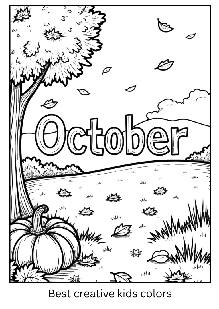 October Falling Leaves Scene Coloring Page