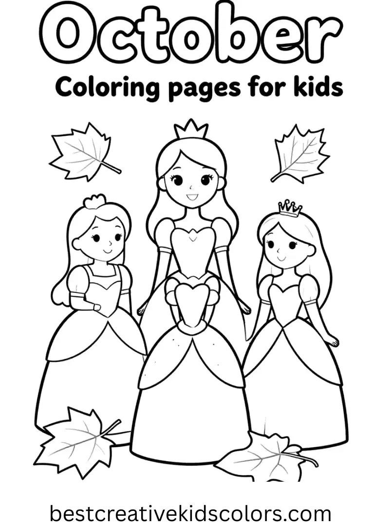 Princesses create leaf collages using autumn leaves in October coloring pages for kids.