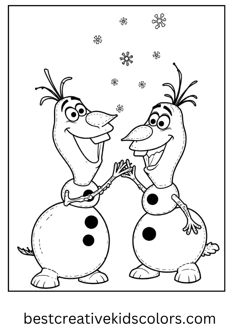 Elsa giggles while Olaf tries to catch falling snowflakes with his mouth.