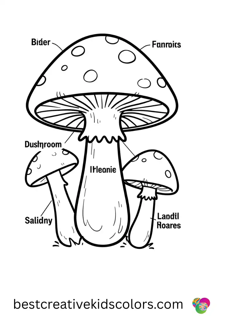 Parts of a mushroom labeled displays a mushroom with a glowing crystal perched above the cap.