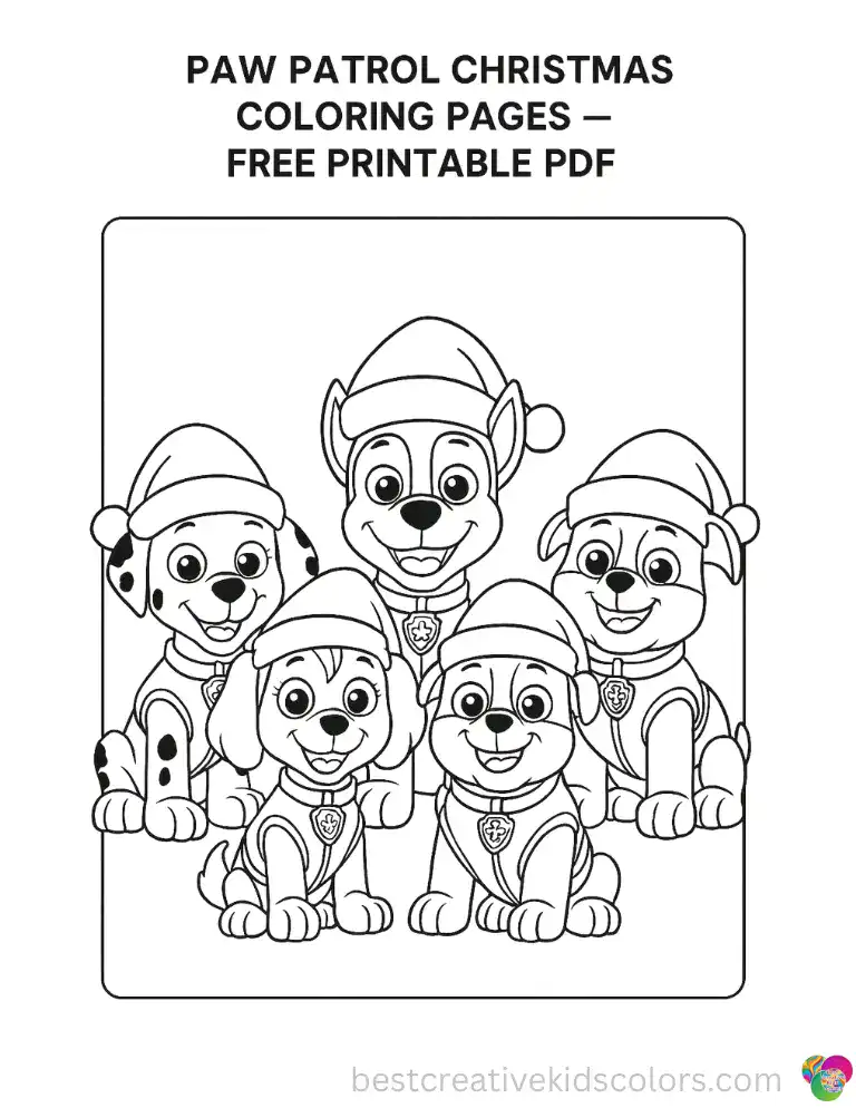 The Paw Patrol pups wear festive red Santa hats while sitting together with big smiles.