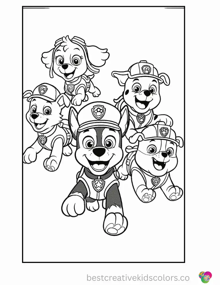 The Paw Patrol pups race forward together with wide excited eyes and open mouths.