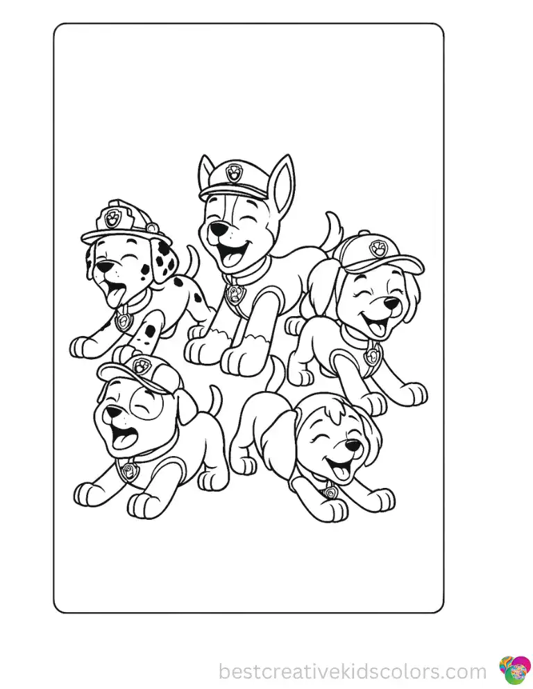 The Paw Patrol pups stretch their legs and yawn in a relaxed morning warm-up scene.
