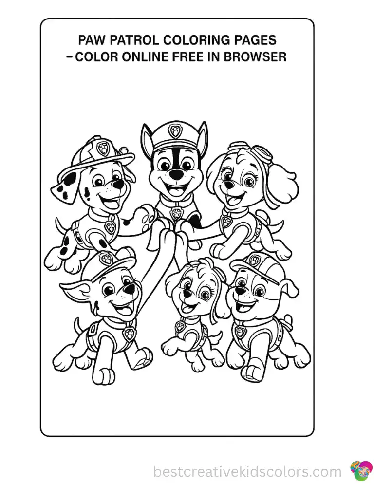 The Paw Patrol pups leap up to high-five each other with big cheerful grins.