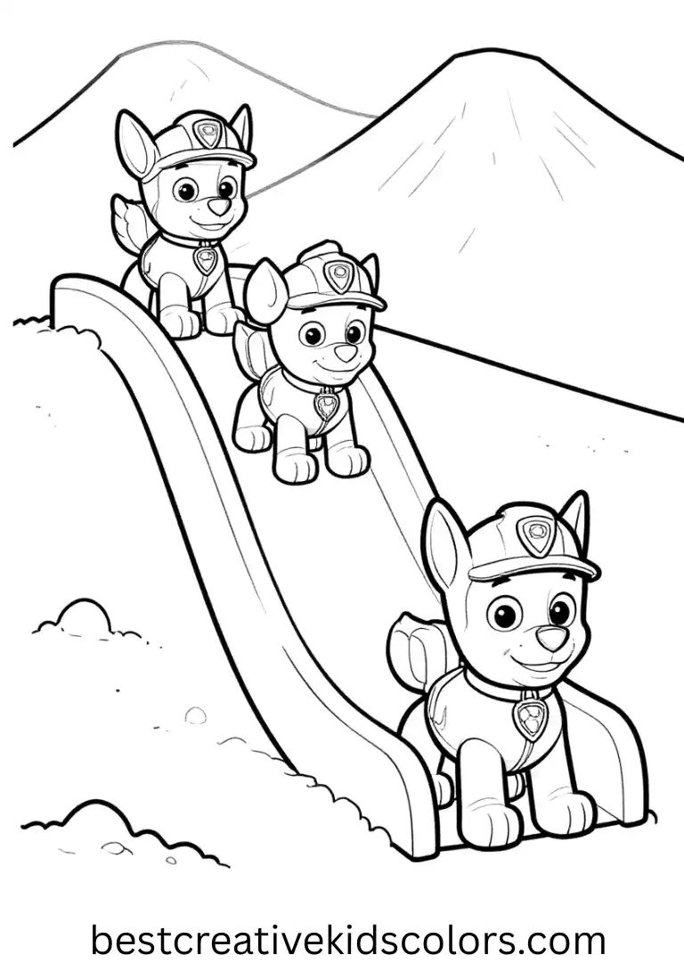 The pups explore a snowy mountain in Paw Patrol Colouring Pages while sliding down safely.