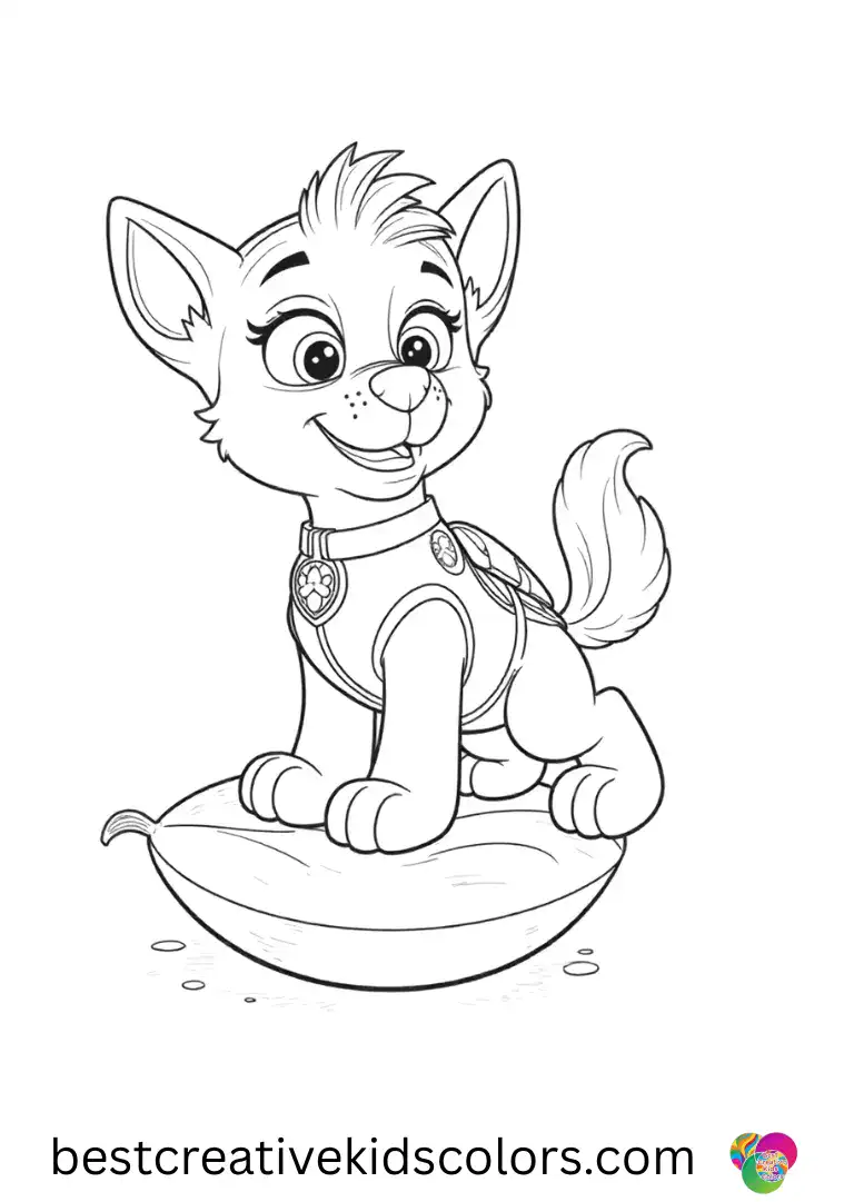 Coral nudges a soft leaf while balancing gently in Paw Patrol Coral coloring Page.