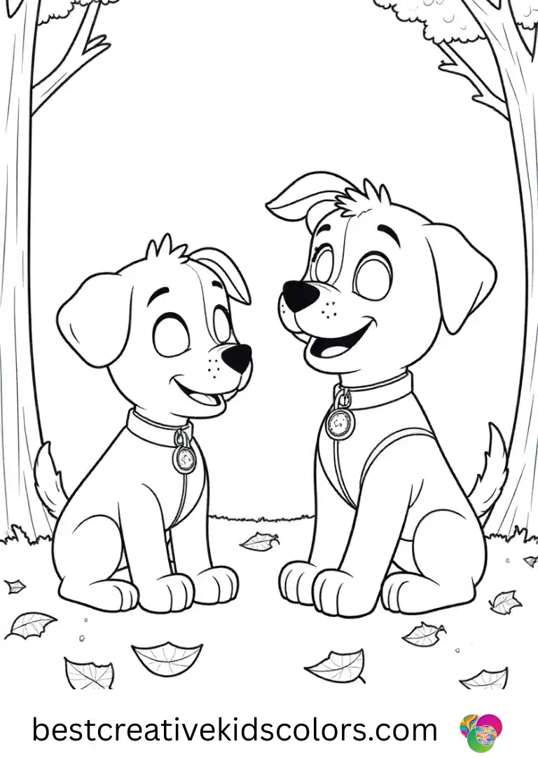 Pups arrange fallen leaves into a tidy pattern in Paw Patrol coloring Set.