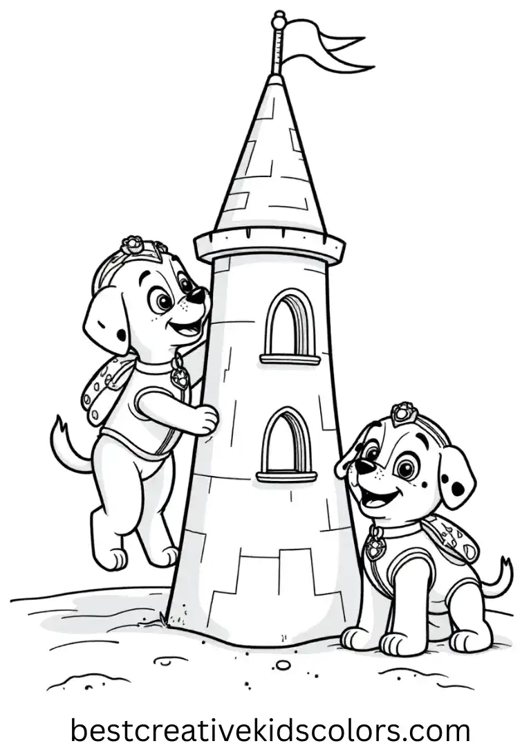 Paw Patrol printable coloring pages features pups building a tall sandcastle at the beach.