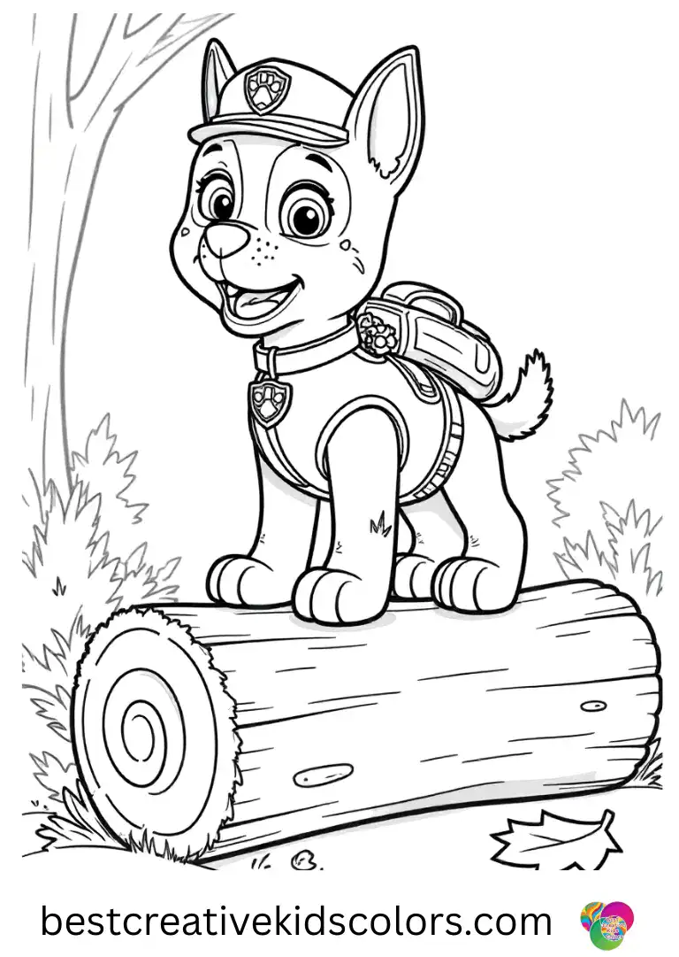 Chase balances on a low log while soft autumn leaves surround him in Paw patrol coloring pages.